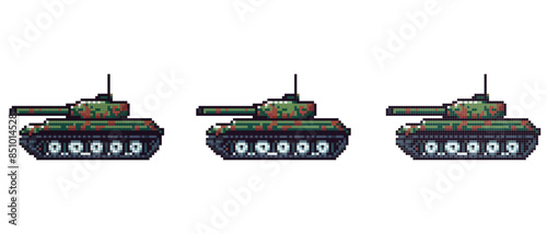 Pixel art depiction of a green camouflage tank with a large cannon and detailed treads against a plain background.