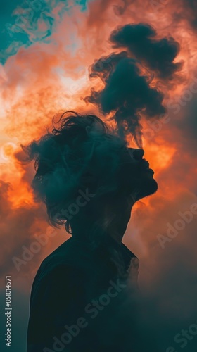 A silhouette of a person inhales a cloud of smoke against a backdrop of a vibrant orange sunset sky