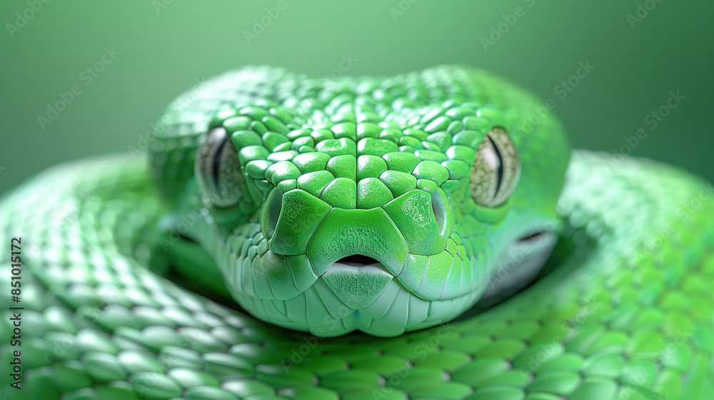 A close-up of a green snake's head with its mouth open and eyes wide open on a green background A close-up of a green snake's head with its mouth open and eyes wide open on a green background