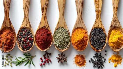 Fototapeta Naklejka Na Ścianę i Meble -  wide horizontal background image of spices in spoons, flat lay photo of different spices filled spoons on white background 