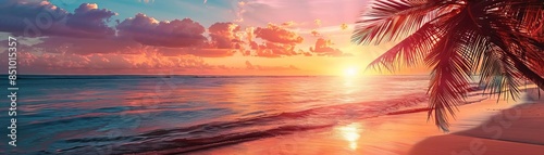 Tropical sunset with vibrant colors, serene and inviting, photo realism