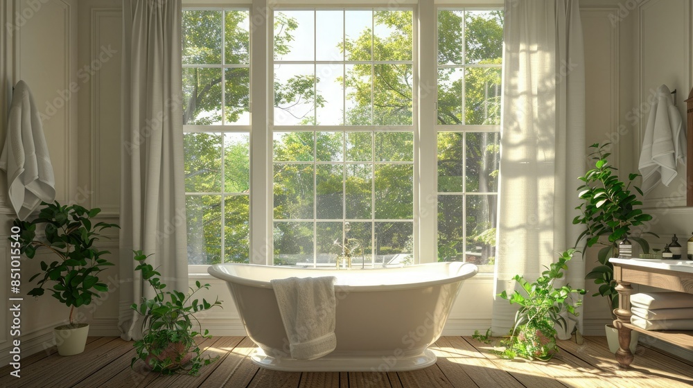 A large window in the bathroom of an English country house with white walls, wooden floors and a bathtub is open, letting in light from outside. There is a towel hanging on one side. A large window in the bathroom of an English country house with white walls, wooden floors and a bathtub is open, letting in light from outside. There is a towel hanging on one side.