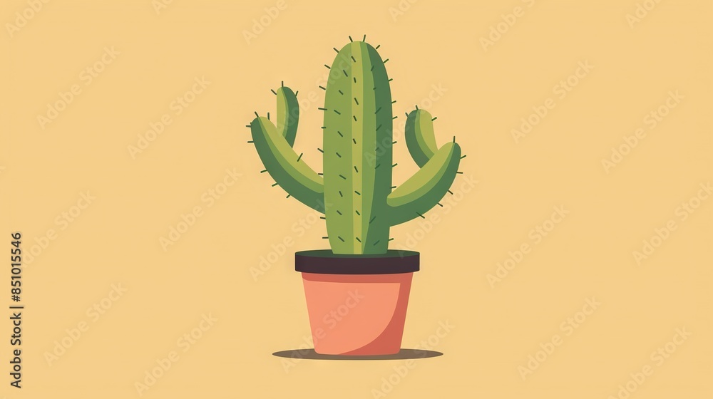 A cactus in a pink pot on a yellow background with a shadow at the base A cactus in a pink pot on a yellow background with a shadow at the base