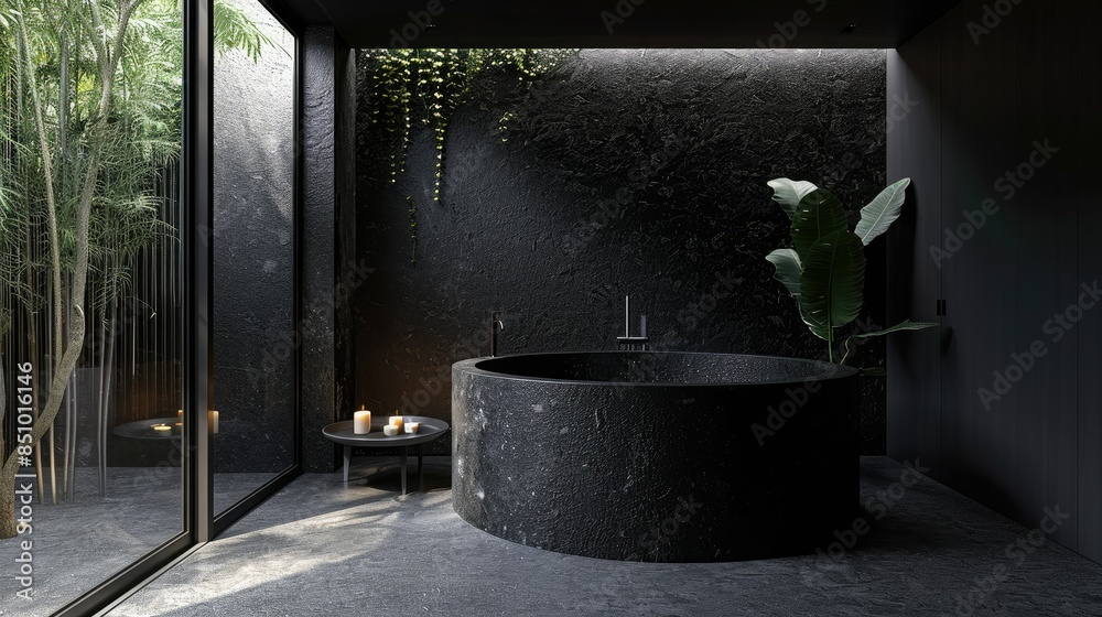 Dark bathroom with a modern minimalist bathtub, taupe wall and black floor, small dried flower decoration on the left side, modern light fixtures hanging from the ceiling, black concrete sink. Dark bathroom with a modern minimalist bathtub, taupe wall and black floor, small dried flower decoration on the left side, modern light fixtures hanging from the ceiling, black concrete sink.