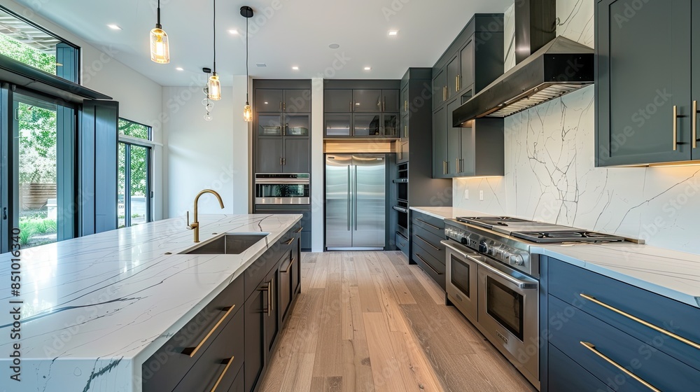 a modern kitchen interior featuring gray cabinets, white marble tiles, and a brass faucet over the sink on the countertop, embodying a stylish home decor concept. a modern kitchen interior featuring gray cabinets, white marble tiles, and a brass faucet over the sink on the countertop, embodying a stylish home decor concept.