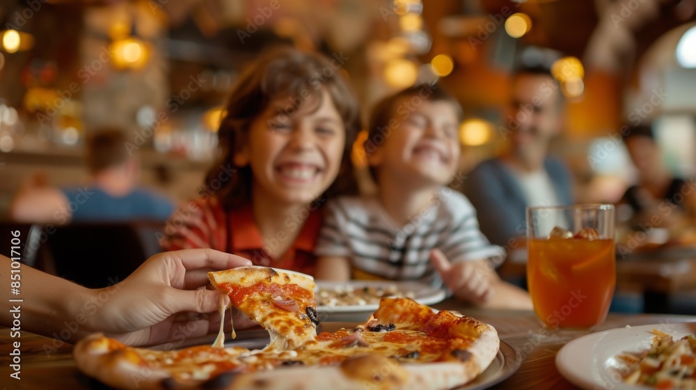A group of kids enjoys a pizza at a restaurant, one of the children is reaching for a slice, while the others smile and enjoy the meal. A group of kids enjoys a pizza at a restaurant, one of the children is reaching for a slice, while the others smile and enjoy the meal.