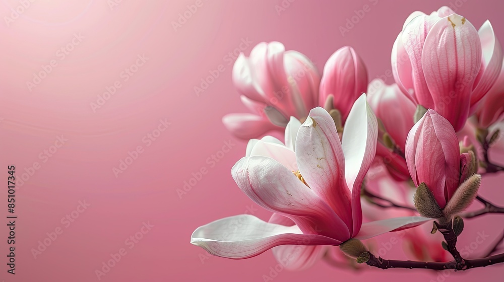 magnolia flowers on a pink background, copy space for text, banner design, detailed and intricate with small details, in the style of different artists.