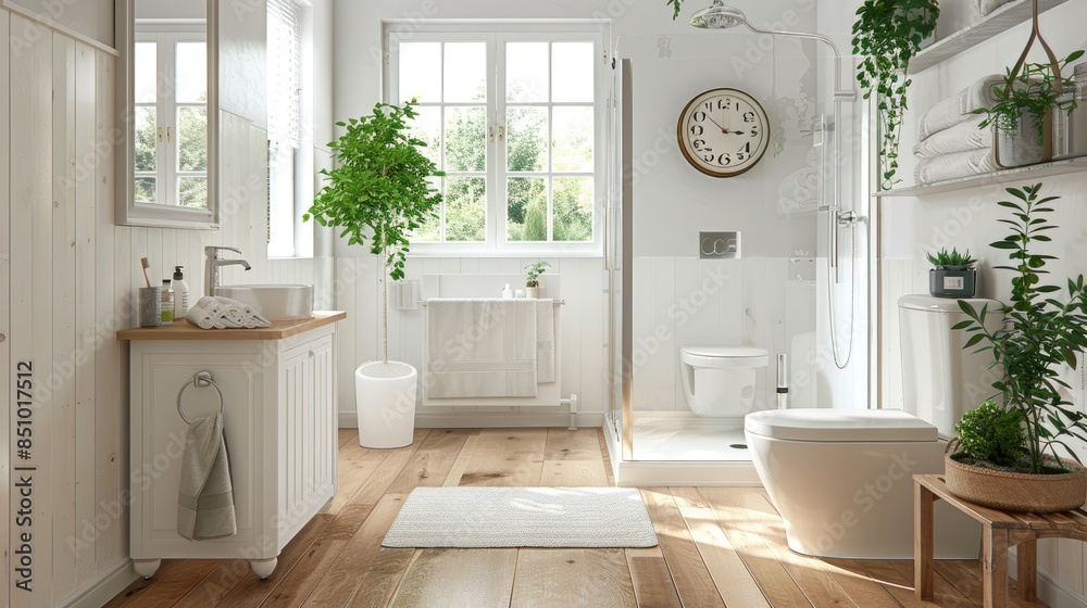 a white bathroom with a wooden floor, featuring a toilet and sink in one corner, with a large glass door leading to an open angle cabin, adorned with a clock above it. a white bathroom with a wooden floor, featuring a toilet and sink in one corner, with a large glass door leading to an open angle cabin, adorned with a clock above it.