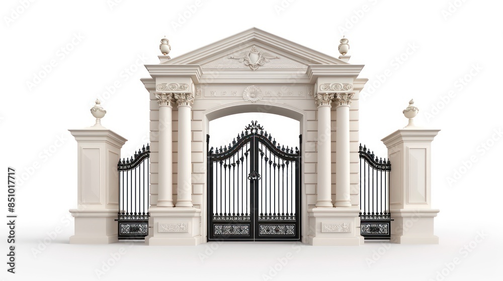 Fototapeta premium This image showcases a grand entrance with intricate classical architectural design and ornate metal gates on a plain background