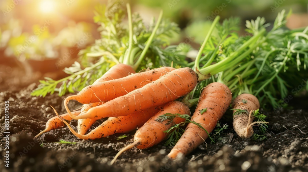 Vibrant image of freshly harvested carrots with green leaves, lying on rich garden soil in sunlight Vibrant image of freshly harvested carrots with green leaves, lying on rich garden soil in sunlight