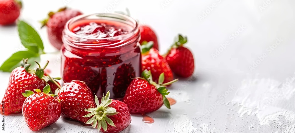 Jar of strawberry jam on a white background. Homemade strawberry marmalade and fruit. banner. Jar of strawberry jam on a white background. Homemade strawberry marmalade and fruit. banner.