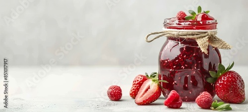 Jar of strawberry jam on a white background. Homemade strawberry marmalade and fruit. banner.  photo