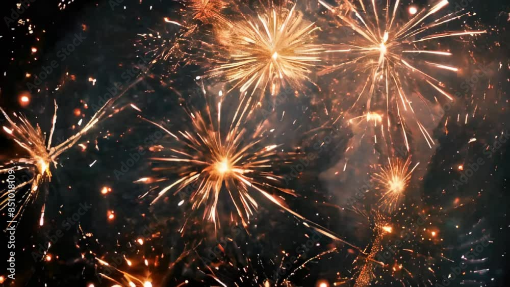 Bright fireworks illuminate night sky with sparks and bursts