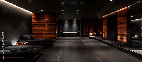 A contemporary charcoal black lounge with rich mahogany wooden accents and a dark grey tiled floor, highlighted by ambient ceiling lights.