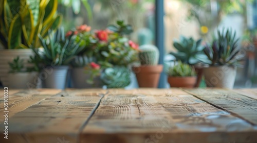 A close-up shot of a wooden table top with a blurred background of potted plants. The image is perfect for product displays and food photography.