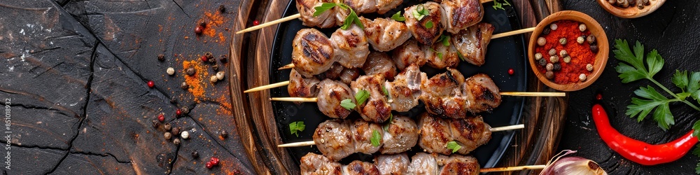 lamb kebab, lula kebab on skewers with spices on a wooden plate. Long banner format. view from above lamb kebab, lula kebab on skewers with spices on a wooden plate. Long banner format. view from above