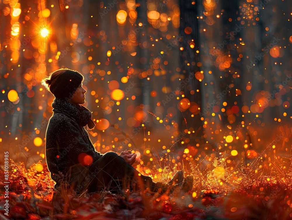 Person with Black Scarf Sitting Amid Trees and Fireworks Person with Black Scarf Sitting Amid Trees and Fireworks