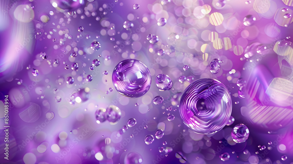 Purple abstract background with water droplets and bubbles in the center, perfect for beauty and art themes