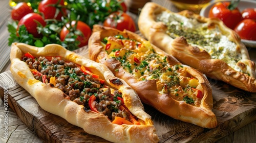 Tasty Greek pide pastry with a variety of fillings edited picture photo