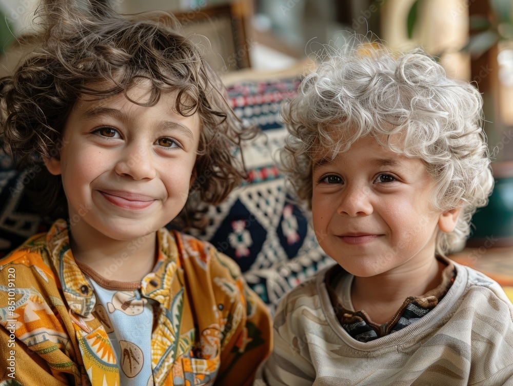 Two Joyful Children Smiling on a Couch Two Joyful Children Smiling on a Couch