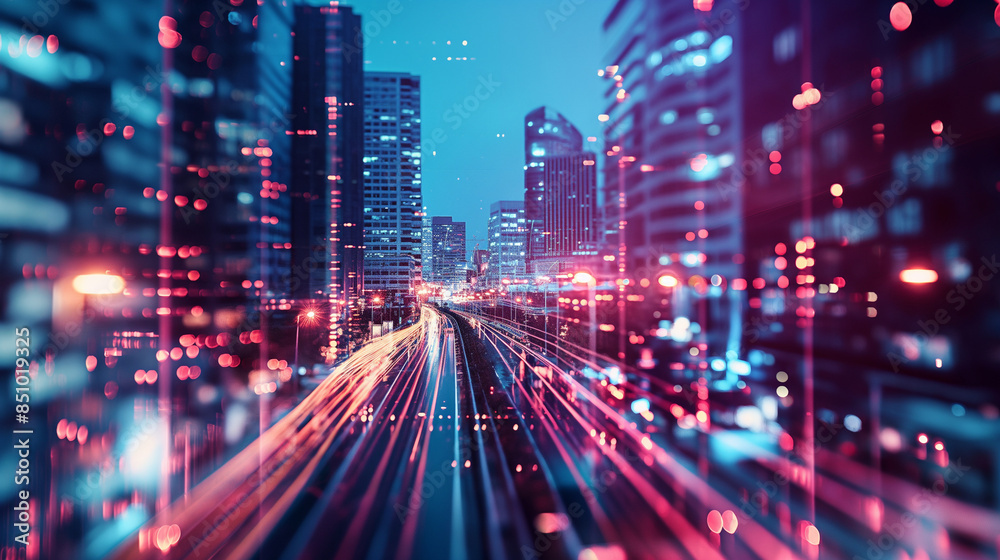 Fototapeta premium Cityscape with light trails from traffic rushing through at night