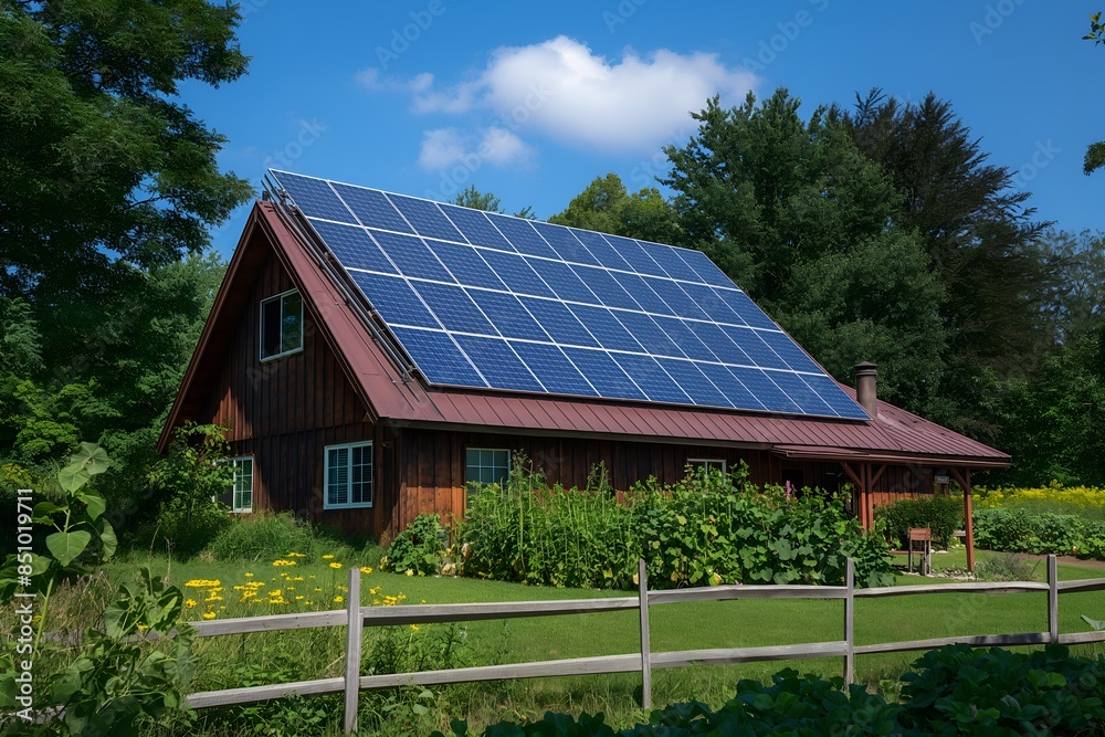 Solar Panels Installed On A Modern Home Under Clear Blue Sunny Sky, Solar Photography, Solar Powered Clean Energy, Sustainable Resources, Electricity Source