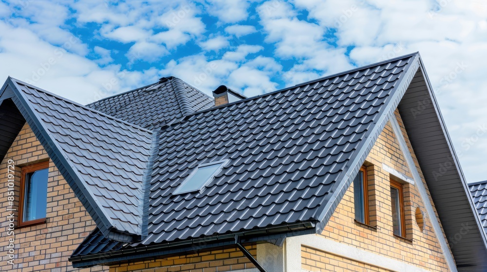Fototapeta premium a house featuring black metal roof tiles with gable decoration, showcasing new modern architecture against an isolated background.