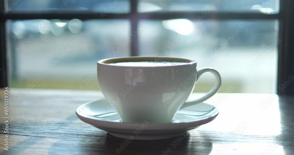 Cup of strong coffee served in small ceramic cup on wooden table closeup. Aromatic energetic drink of natural ingredients against coffee shop window Cup of strong coffee served in small ceramic cup on wooden table closeup. Aromatic energetic drink of natural ingredients against coffee shop window
