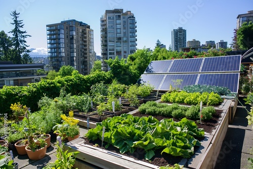 A Lush Green Rooftop Garden With Solar Panels, Solar Photography, Solar Powered Clean Energy, Sustainable Resources, Electricity Source © Julian Adams