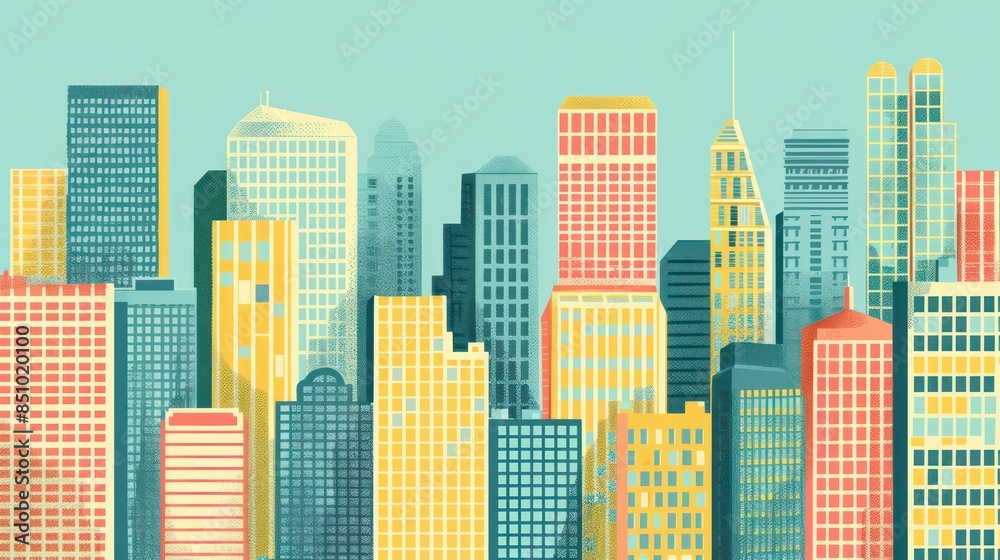 Obraz premium An artistic illustration of a vibrant city skyline with a variety of colorful buildings in a retro style