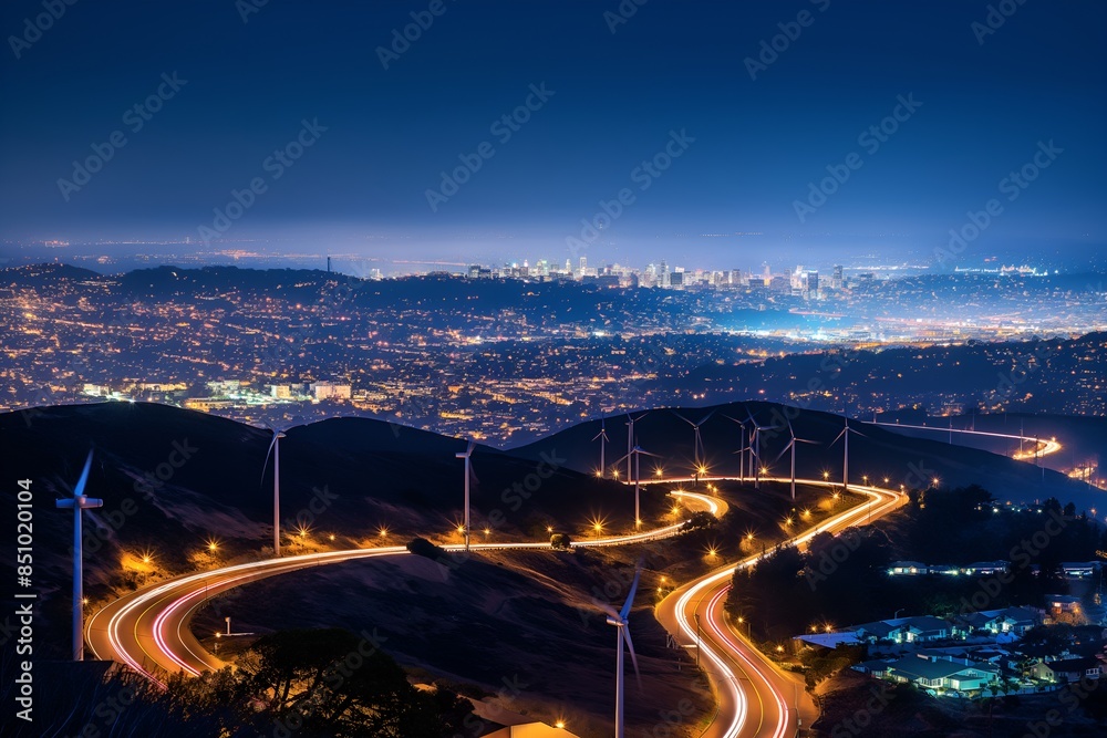 A Night Scene Of A City With Glowing Wind Turbines, Sustainable Environment, Sustainable Electricity, Electric Source, Green Wind Energy