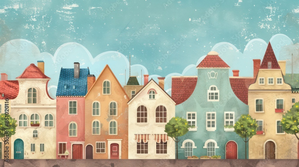 a charming row of pastel-colored townhouses with a playful, storybook vibe and textured artistic effects a charming row of pastel-colored townhouses with a playful, storybook vibe and textured artistic effects
