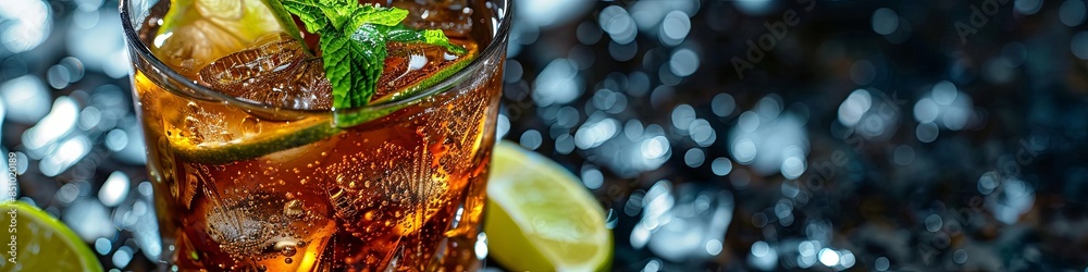 Long Island cocktail with rum, cola, mint and lime in a glass, recipe background. Close-up, Long Island cocktail with rum, cola, mint and lime in a glass, recipe background. Close-up,