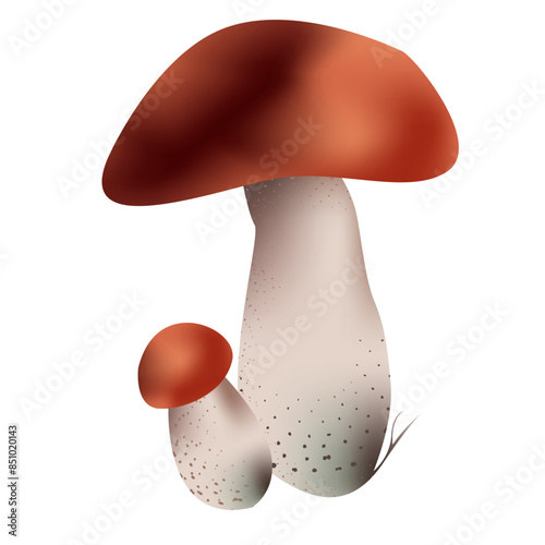 Porcini forest mushrooms pare. Brown light cup and white leg with grey spots Isolated on white background.