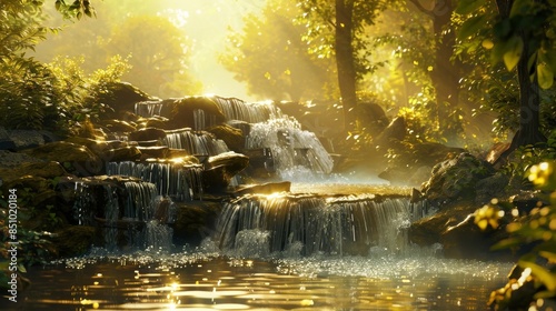 Tranquil oasis where clear streams flow over gilded rocks surrounded by foliage photo