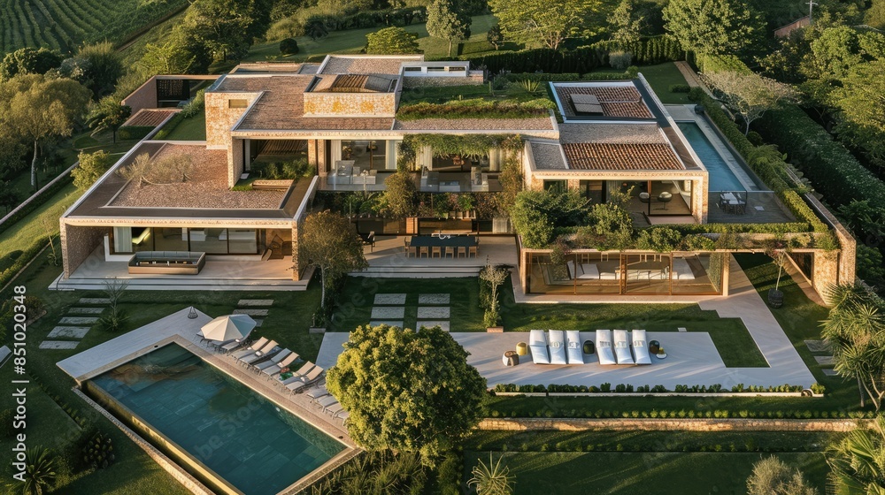 Aerial view of a house with a swimming pool and garden, modern architecture, natural light, solar panels on the roof, high angle shot. Aerial view of a house with a swimming pool and garden, modern architecture, natural light, solar panels on the roof, high angle shot.