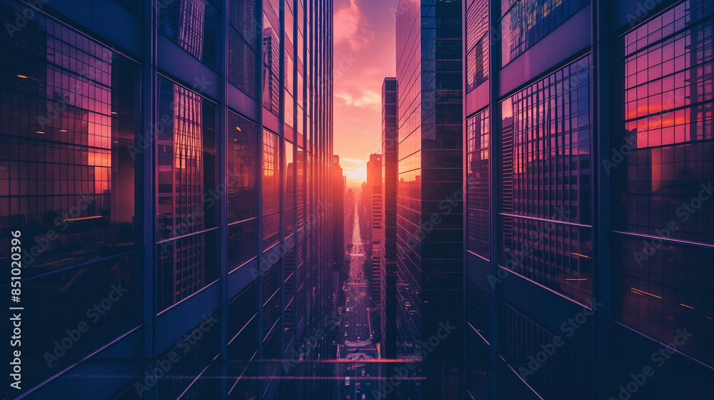 Sunset reflecting on glass windows of skyscrapers in manhattan, new york city Sunset reflecting on glass windows of skyscrapers in manhattan, new york city