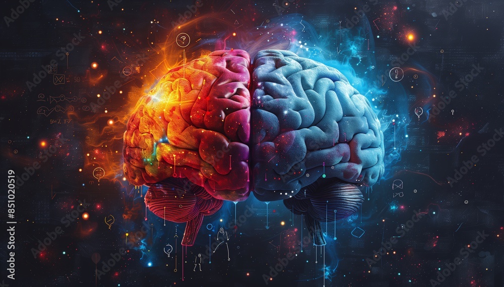 3d rendered illustration of human brain multicolours lighting