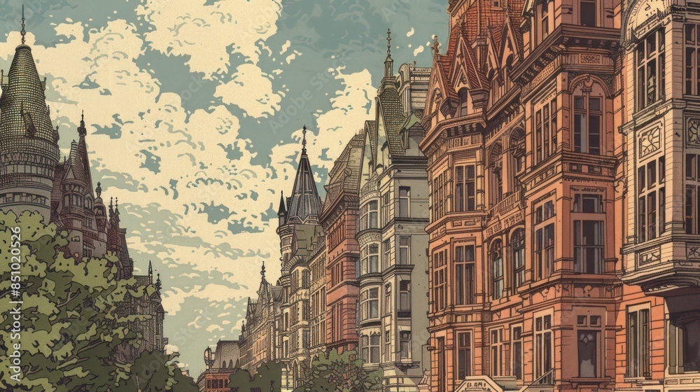 Obraz premium Detailed artwork showcasing a row of ornate, historic buildings with a clear blue sky and fluffy clouds in the background