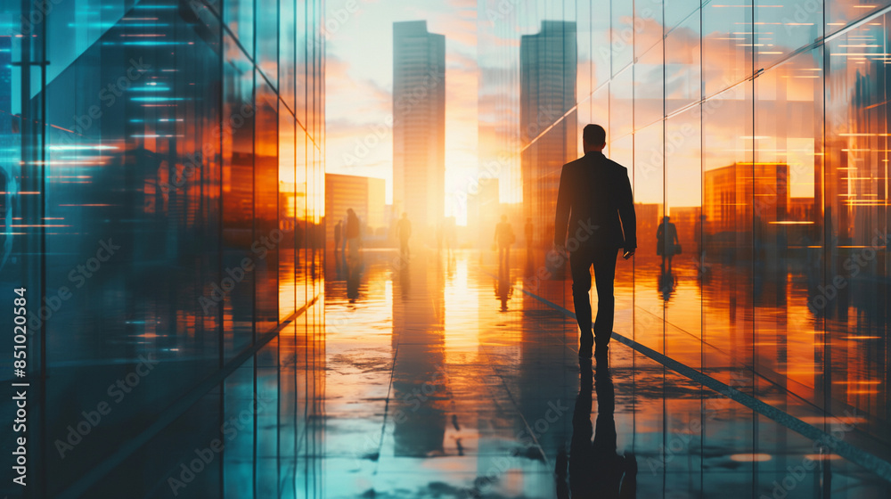 Businessman walking towards light at end of tunnel between office buildings at sunset Businessman walking towards light at end of tunnel between office buildings at sunset