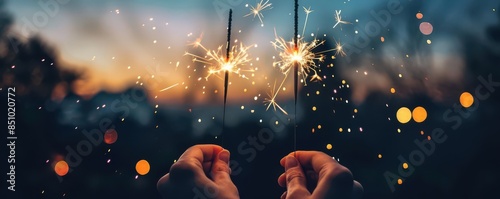 Two hands holding sparklers with a beautiful bokeh effect and blurred sunset background, perfect for festive and celebratory themes. photo