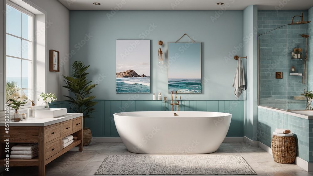 Coastal Escape: Beach-Inspired Bathroom with Light Colors and Natural Textures, Generative AI Coastal Escape: Beach-Inspired Bathroom with Light Colors and Natural Textures, Generative AI