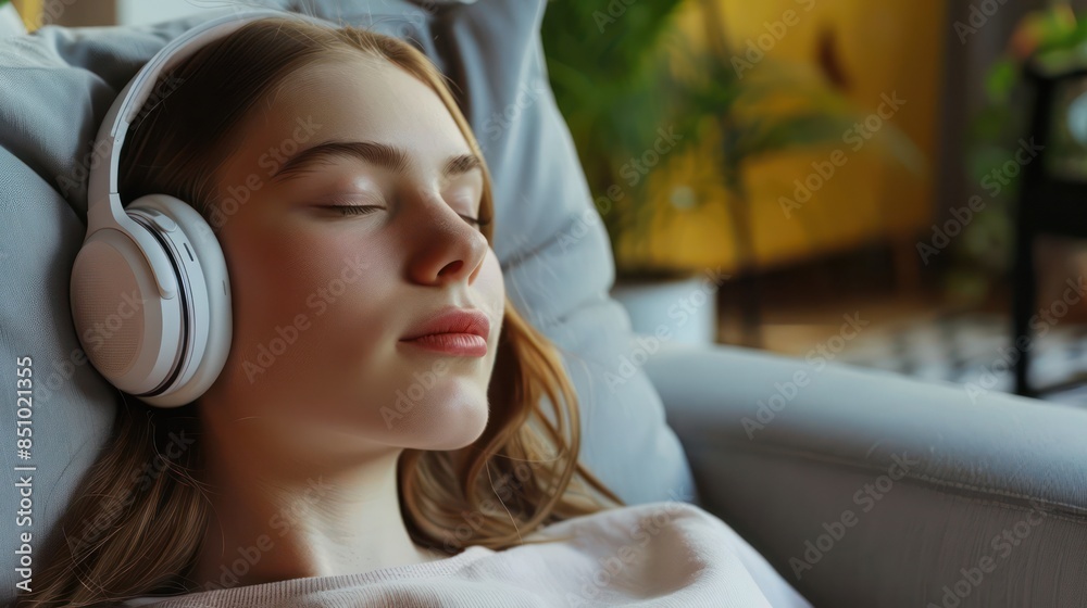 A person is depicted lounging on a couch enjoying music with comfortable over-ear headphones in a cozy home setting A person is depicted lounging on a couch enjoying music with comfortable over-ear headphones in a cozy home setting
