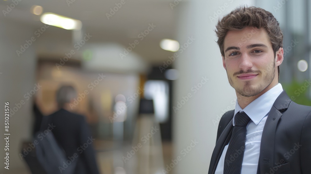 A young male professional in a suit smiles confidently with an office environment and blurred figures in the background A young male professional in a suit smiles confidently with an office environment and blurred figures in the background