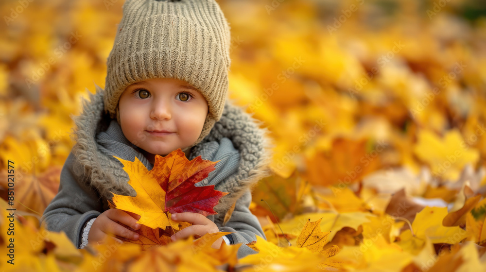 Cheerful baby is lying on a carpet of yellow maple leaves, holding two colorful maple leaves Cheerful baby is lying on a carpet of yellow maple leaves, holding two colorful maple leaves