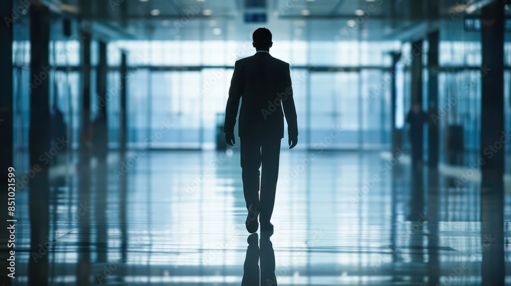 Fototapeta premium A backlit silhouette of a man in a suit walking confidently through a modern building's corridor with reflective floor