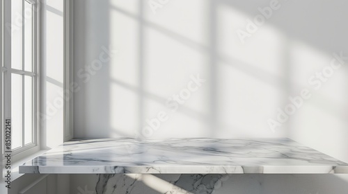  mockup product display, a marble table with a window shadow drop on a white wall background