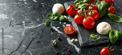 Mozzarella cheese, basil and cherry tomato on slate stone board, copy space. Ingredients for Caprese salad. place for text. 