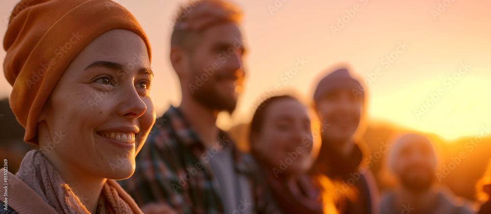Close-up portrait of a smiling cancer survivor wearing a beanie, surrounded by friends in the warm light of sunset, symbolizing Close-up portrait of a smiling cancer survivor wearing a beanie, surrounded by friends in the warm light of sunset, symbolizing