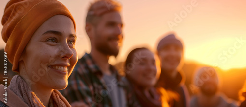 Close-up portrait of a smiling cancer survivor wearing a beanie, surrounded by friends in the warm light of sunset, symbolizing 